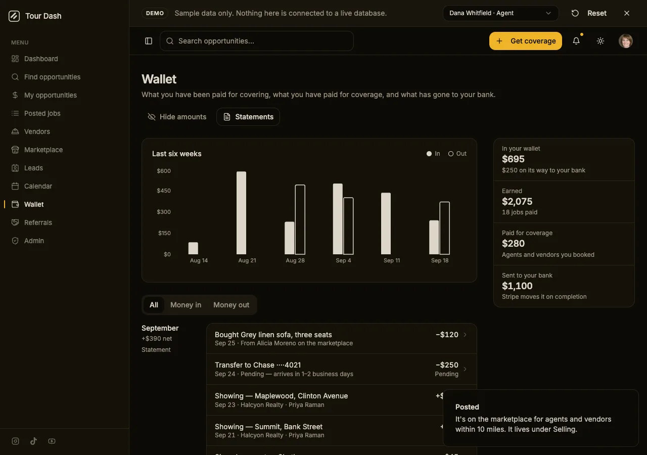 The demo Wallet page in dark theme with a new first line in the September ledger: Bought Grey linen sofa, three seats, Sep 25, From Alicia Moreno on the marketplace, minus $120.