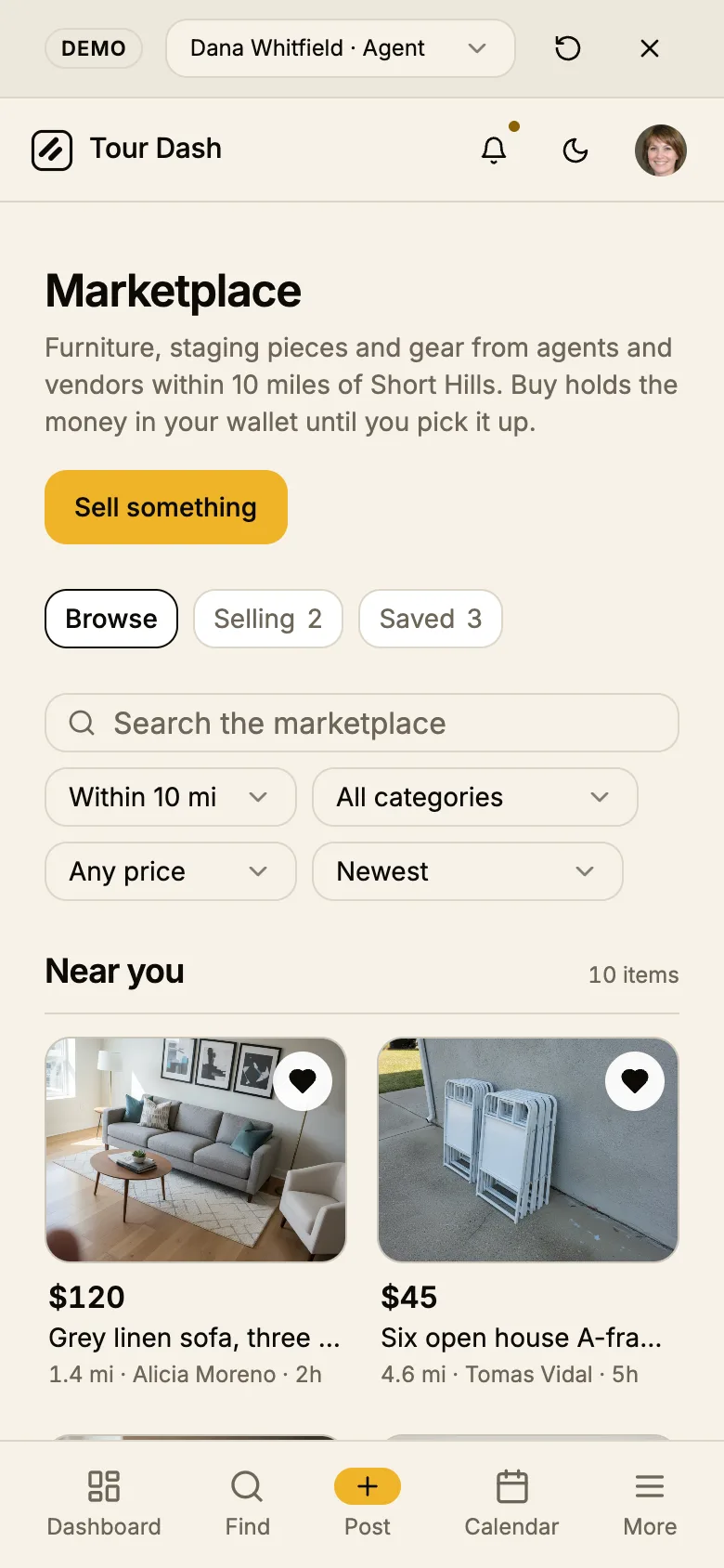 The Marketplace on a 390-pixel phone: the lede, a full-width amber Sell something, the three pills, the search and the four selects two across, and the grid two across with the sofa and the signs.