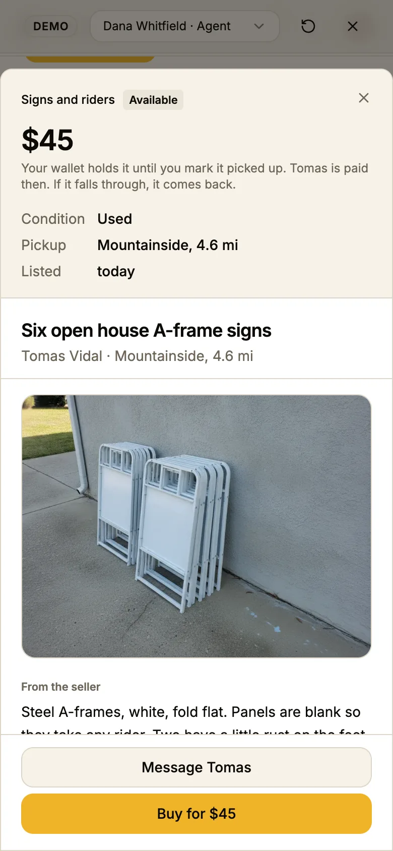 An item on the phone: the facts at the top, the title and photo scrolling between, and a pinned footer with Message Tomas over an amber Buy for $45.
