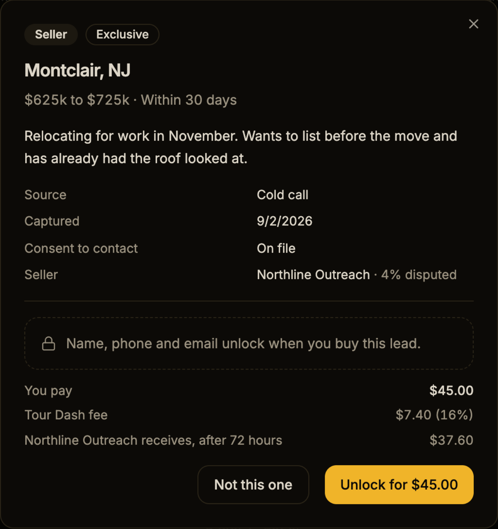 A lead dialog before purchase, showing source, capture date, consent status and seller dispute rate, with contact details locked and a breakdown reading buyer pays $45.00, Tour Dash fee $7.40 at 16 percent, seller receives $37.60 after 72 hours.