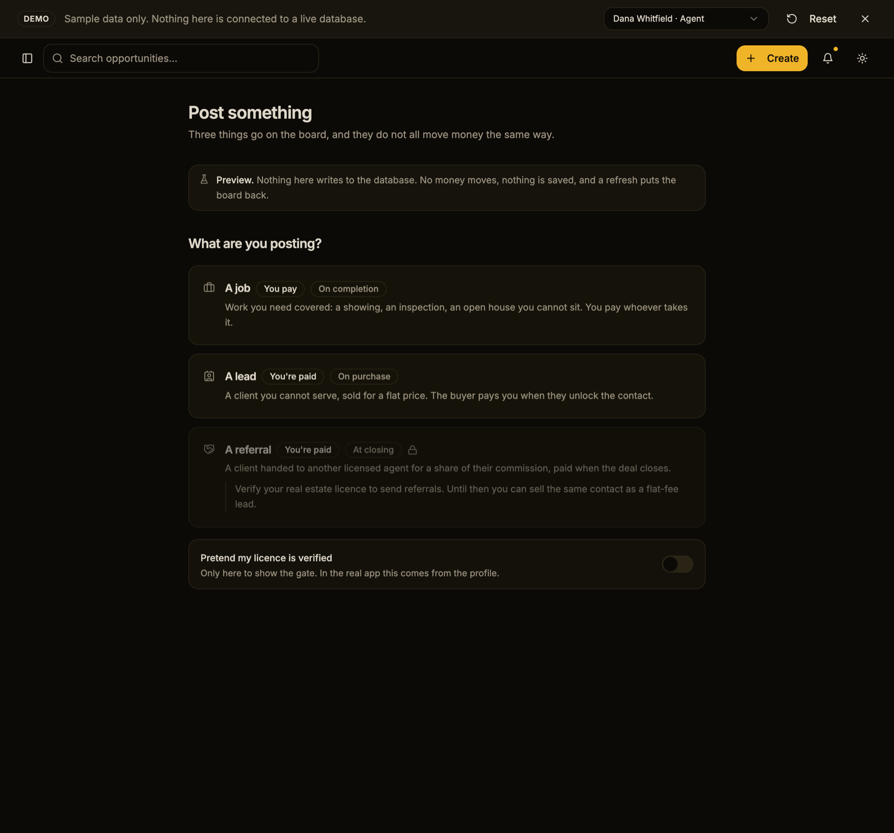 The posting screen offering a job, a lead and a referral. Each carries badges for direction and timing. The referral card is dimmed with a padlock and a note reading: verify your real estate licence to send referrals, until then you can sell the same contact as a flat-fee lead.