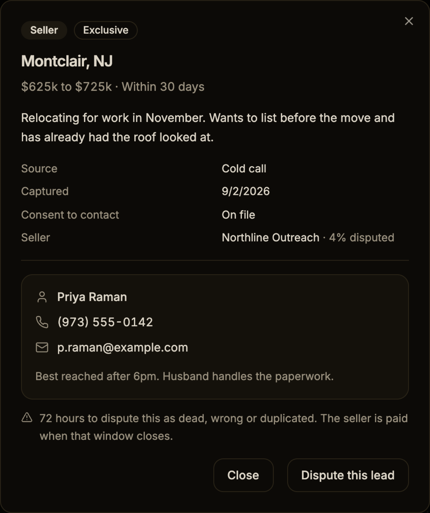 The same dialog after purchase, now showing the contact name Priya Raman, a phone number, an email address and a seller note, with a warning that there are 72 hours to dispute the lead.