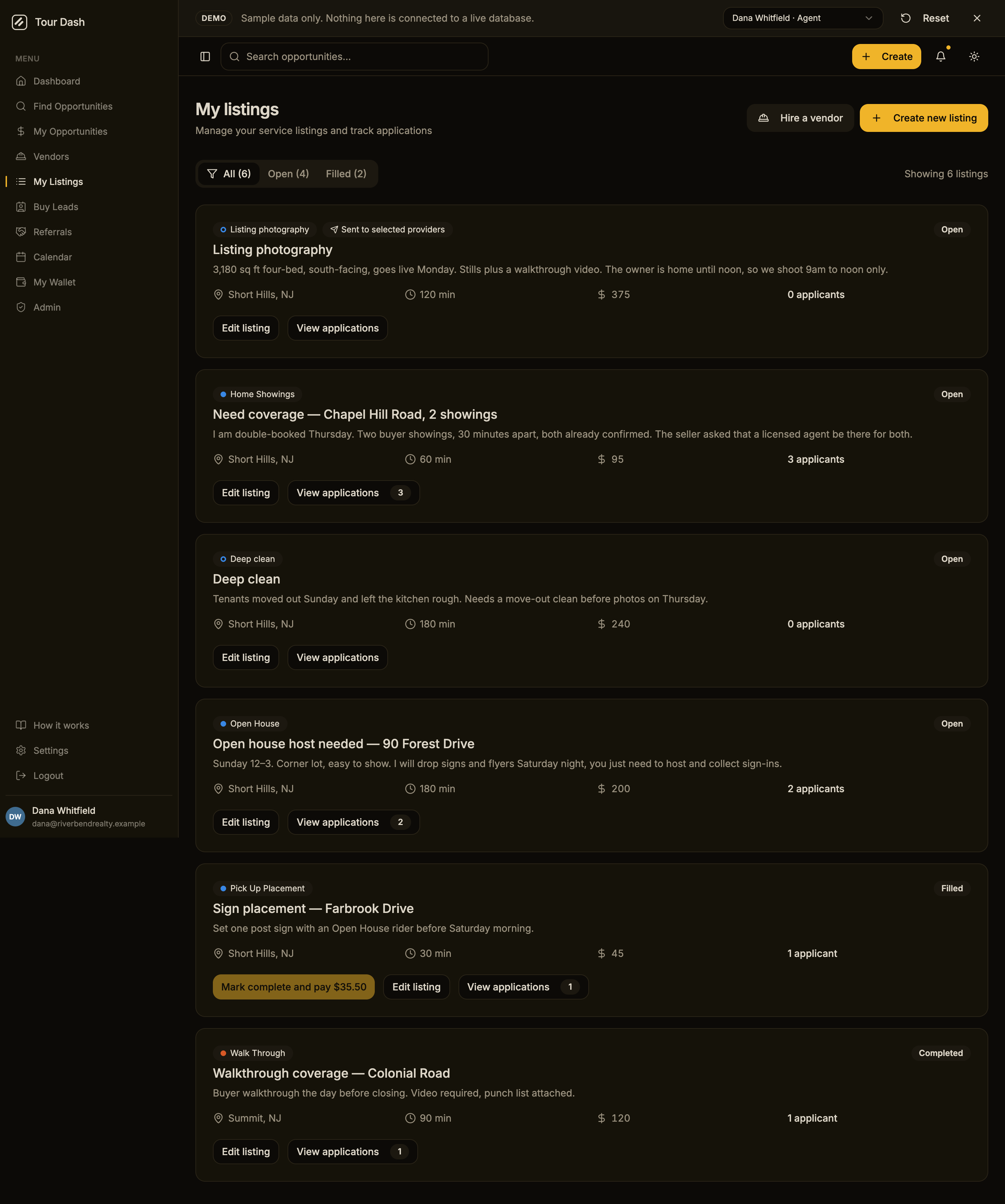 The previous My Listings page: an All, Open, Filled tab row with Showing 6 listings beside it, then six identical full-width cards, each with a service badge, a title repeating that badge, two lines of description, a grey row of location, duration, price and applicant count, and Edit listing and View applications buttons.