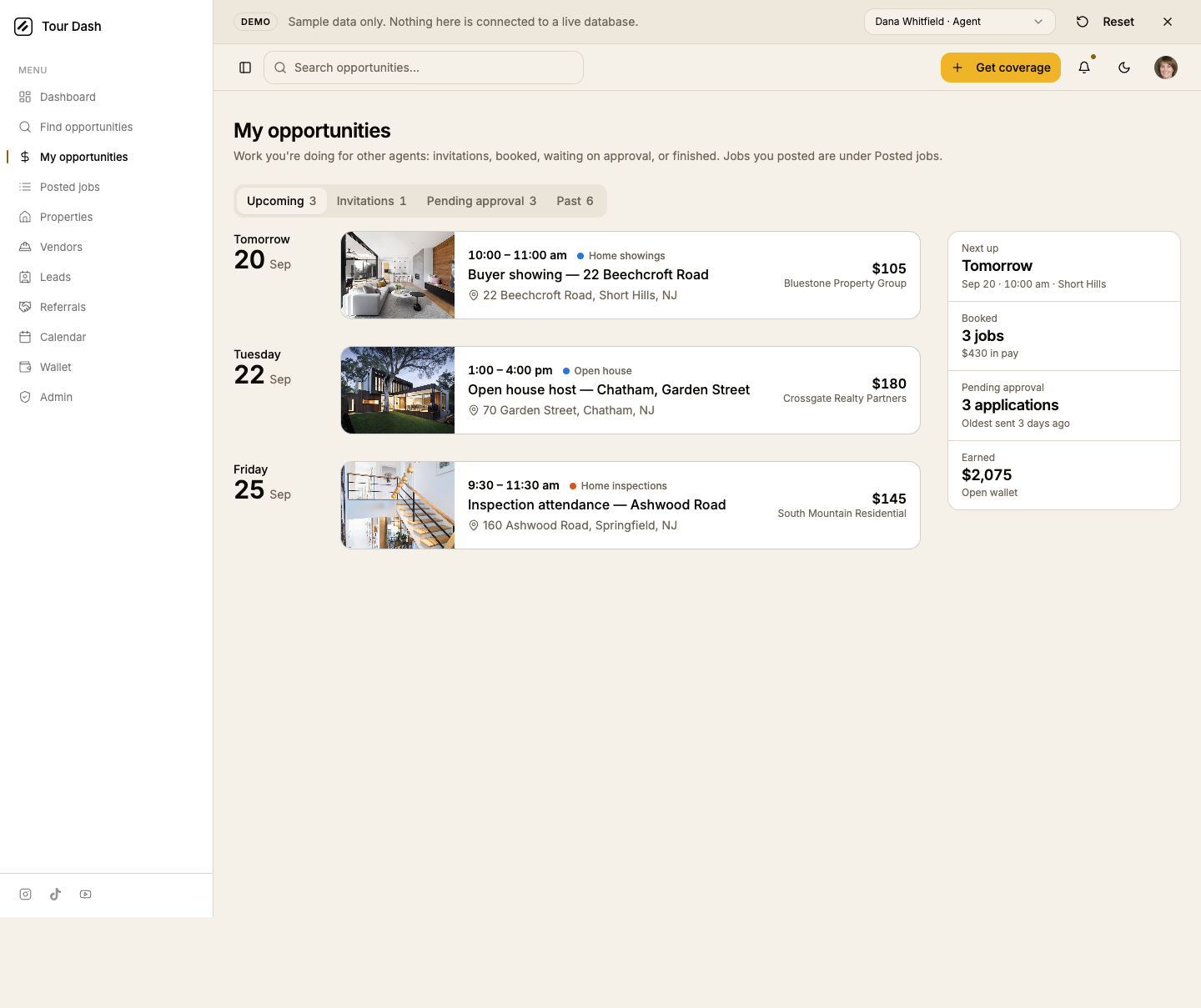 The current My opportunities page: a heading, four tabs, three photo cards grouped by day, and a rail of four figures.