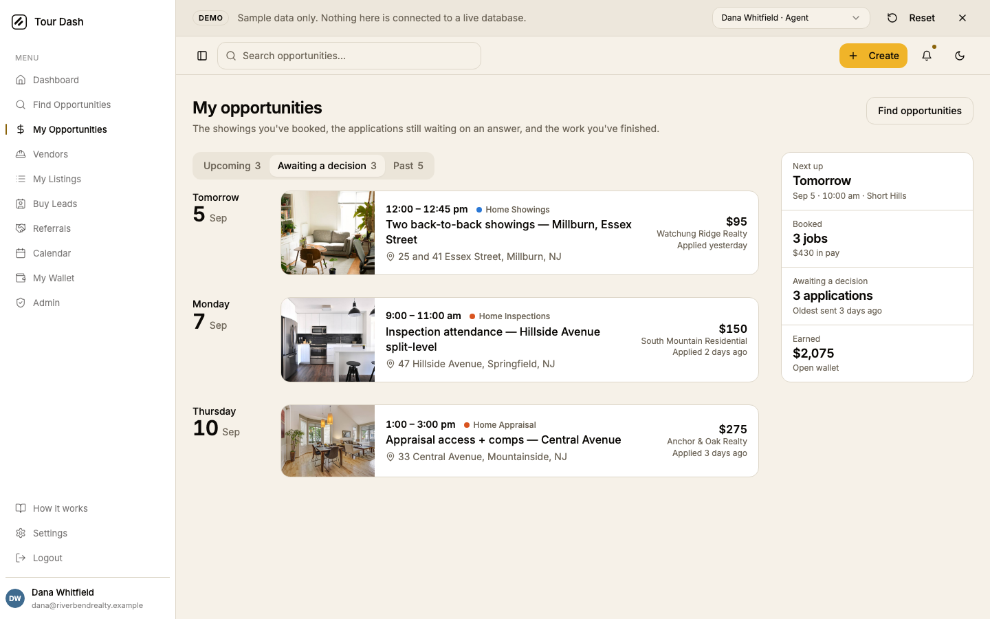 The Awaiting a decision tab: three day groups of pending applications, each row showing the pay and Applied yesterday, Applied 2 days ago or Applied 3 days ago on the right.