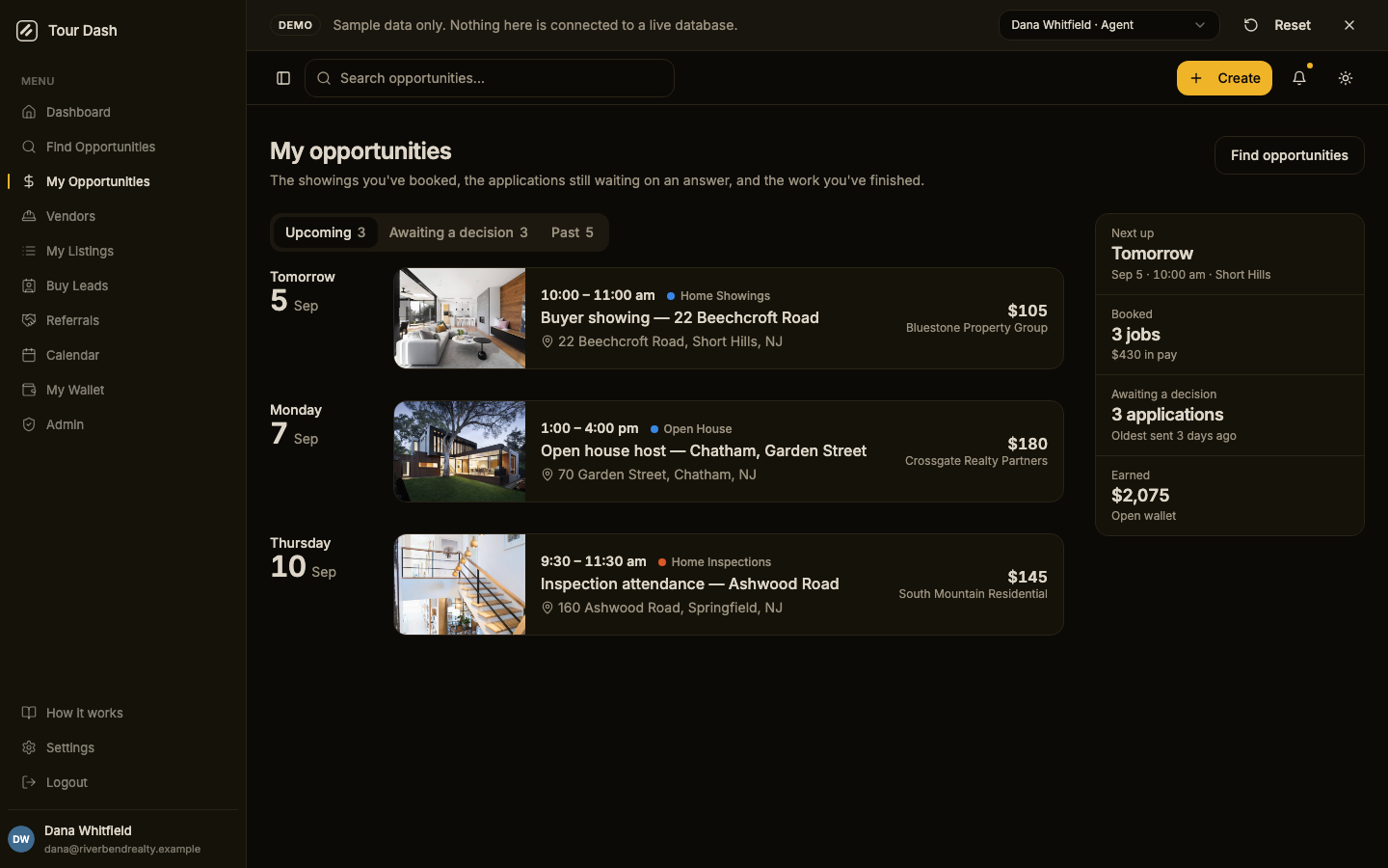 The redesigned page in dark mode: the same layout on the near-black ground with card surfaces a shade lighter.
