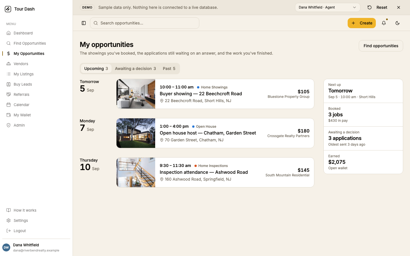 The redesigned page at desktop width: My opportunities heading with a Find opportunities button on the right, three tabs reading Upcoming 3, Awaiting a decision 3 and Past 5, then day groups labelled Tomorrow, Monday and Thursday, each with a large date numeral under the day name in the left rail, and a white card whose left edge is a photo of the property, then the time as a range such as 10:00 to 11:00 am with the service type beside it, the job title, the address, and on the right the pay with the brokerage paying it. A summary rail on the right reads Next up Tomorrow, Booked 3 jobs $430 in pay, Awaiting a decision 3 applications, Earned $2,075.