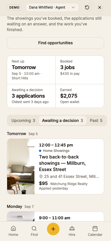 The Awaiting a decision tab at 390px, with the pay and Applied yesterday under each job.