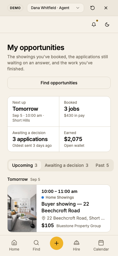 The page at 390px: heading, a full-width Find opportunities button, the four figures two by two, the three tabs, then day groups with the day label above each card.