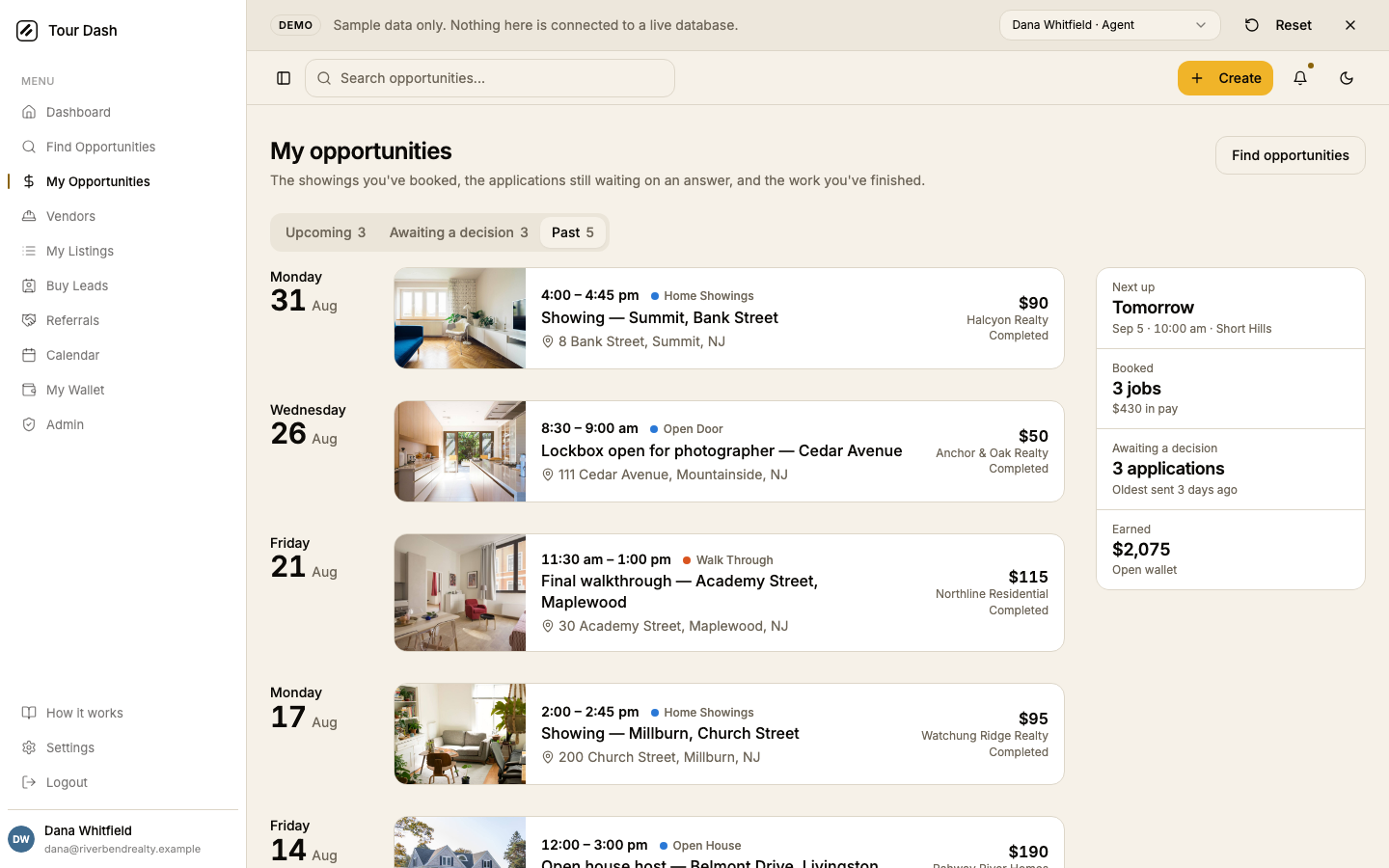 The Past tab: five completed jobs grouped by day, most recent first, each marked Completed under its pay.