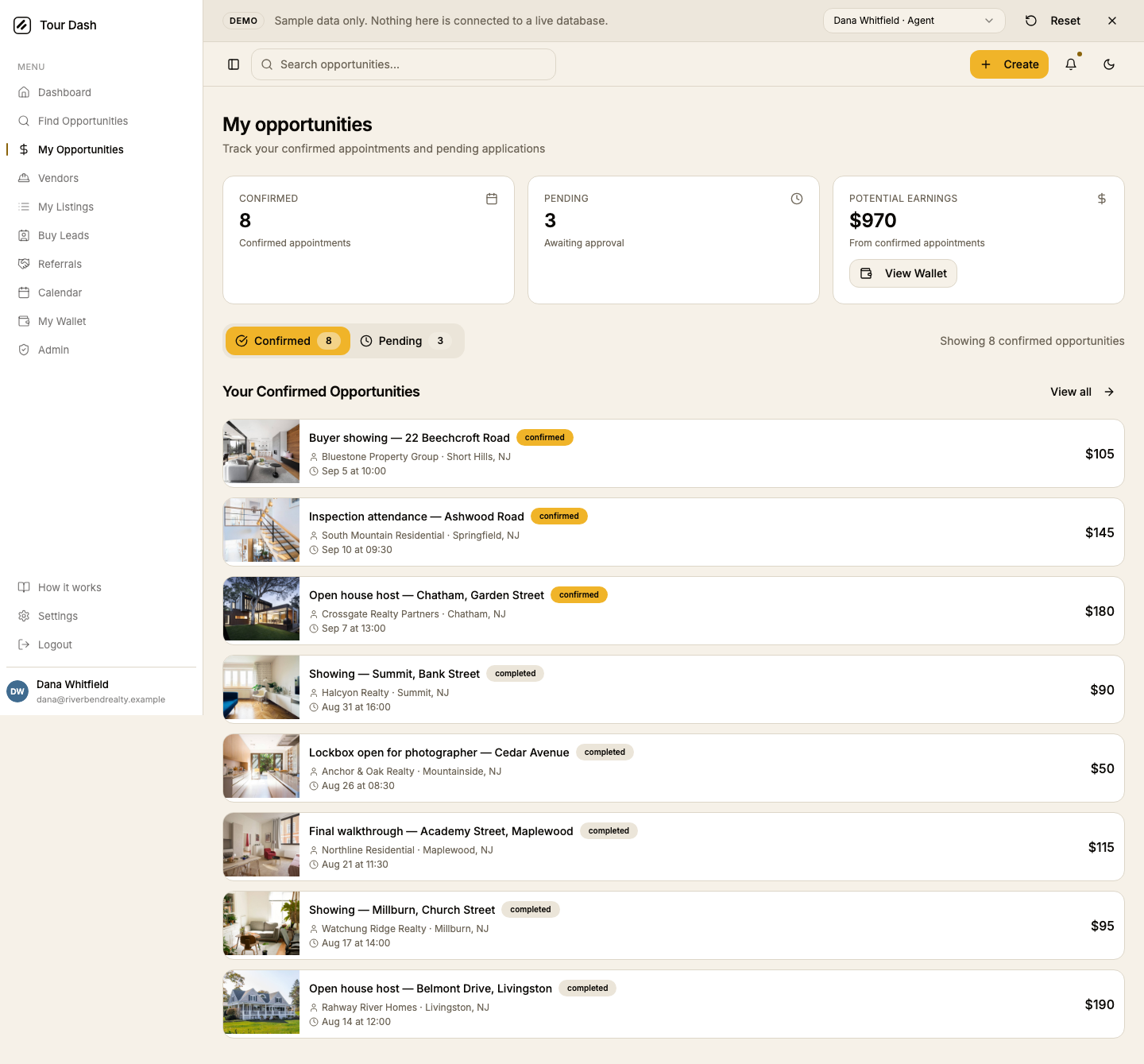 The previous My Opportunities page at desktop width: three equal tiles reading Confirmed 8, Pending 3 and Potential Earnings $970 with a View Wallet button, a Confirmed / Pending toggle, and a list of image-led cards under the heading Your Confirmed Opportunities, each with a lowercase amber status badge.