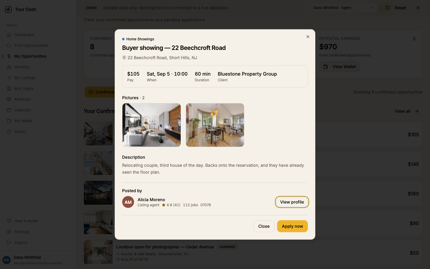 The previous behaviour: opening a booked job showed the board's job dialog with an Apply now button in the footer.