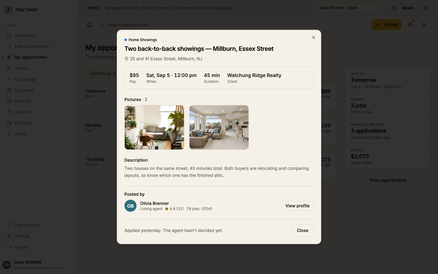 The board's job dialog in its applied state: the same facts strip, photos and description, and a footer reading Applied yesterday. The agent hasn't decided yet, with only a Close button.