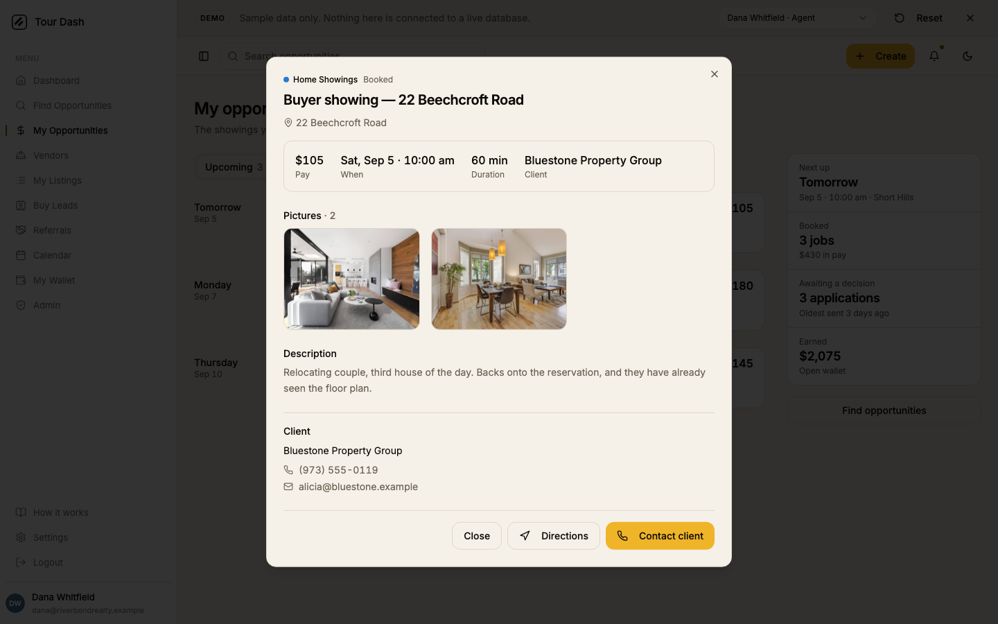 The rebuilt appointment dialog: Home Showings and Booked on the top line, the job title, the address, a facts strip of pay, when, duration and client, two photos, the description, a Client section with a phone number and email, and Close, Directions and Contact client buttons.