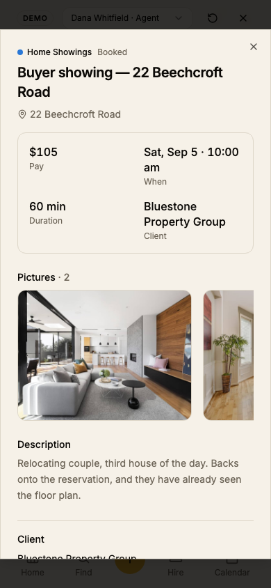 The appointment dialog at 390px: the facts strip in two columns, the photos as a carousel, the description, and the client section.