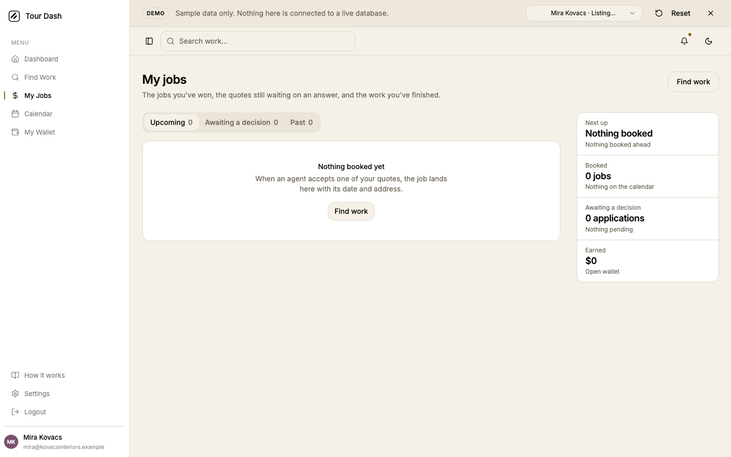 The page viewed as a vendor with no work yet: the heading reads My jobs, the button reads Find work, the Upcoming tab shows a Nothing booked yet message with a Find work button, and the rail reads Nothing booked, 0 jobs, 0 applications, $0.