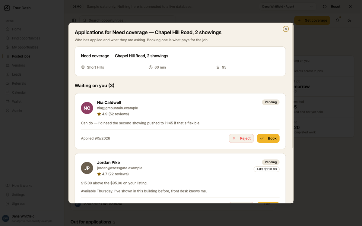 The applications dialog over Posted jobs: Applications for Need coverage — Chapel Hill Road, a line reading Who has applied and what they are asking, then Waiting on you (3) with three applicants, one marked Asks $110.00 and $15.00 above the $95.00 you posted.