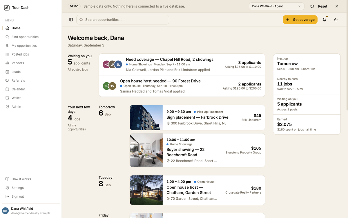 The agent dashboard at 1440 wide: Get coverage in the header, a rail of Next up, Nearby to earn, Waiting on you and Earned, then Waiting on you with two posts and their applicants, Your next few days, Earn nearby and Recent activity.