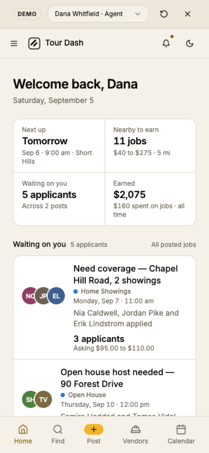 The agent dashboard on a 390-pixel phone: the summary grid, Waiting on you with two posts, and the bottom bar reading Home, Find, Post, Vendors, Calendar with Post as an amber pill.