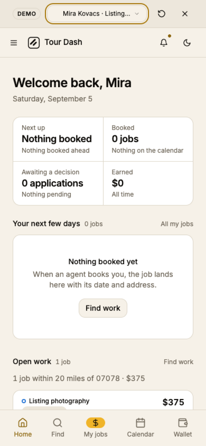 The vendor dashboard on a 390-pixel phone: Nothing booked yet with a Find work button, Open work with one job, and the bottom bar reading Home, Find, My jobs, Calendar, Wallet with My jobs as an amber pill.