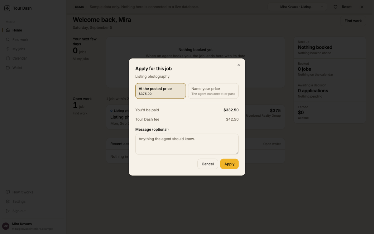 The vendor dashboard with the Apply for this job dialog open: At the posted price $375.00 or Name your price, You'd be paid $332.50, Tour Dash fee $42.50, an optional message, Cancel and Apply.