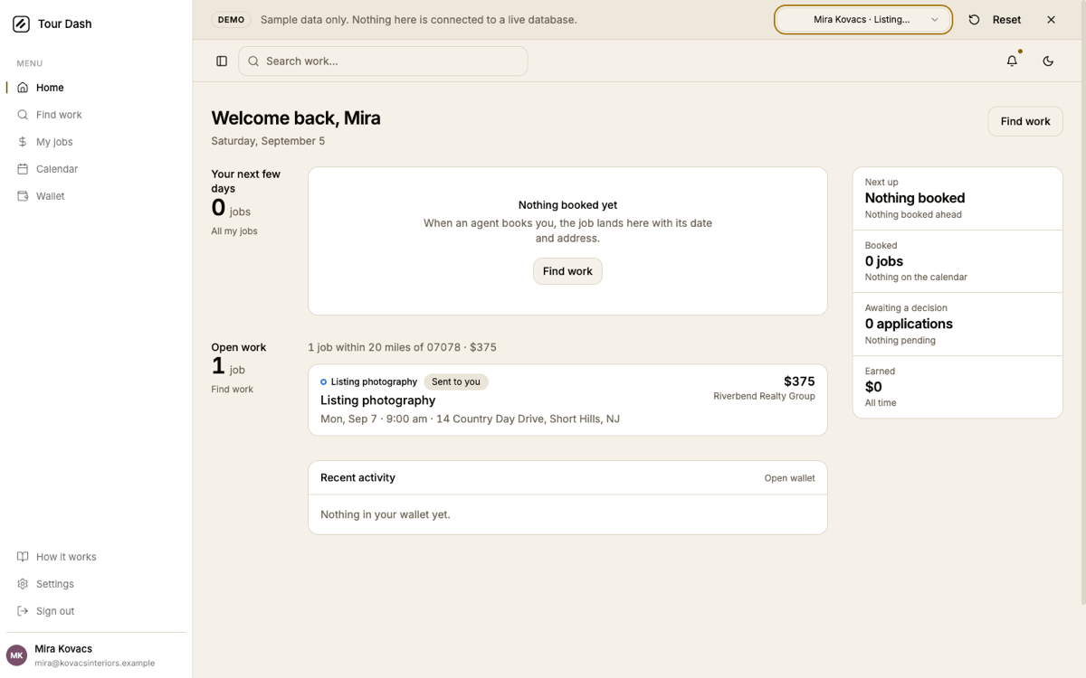 The vendor dashboard at 1440 wide for a listing photographer: a Find work button, a rail of Next up, Booked, Awaiting a decision and Earned, then Your next few days empty and Open work with one job marked Sent to you.