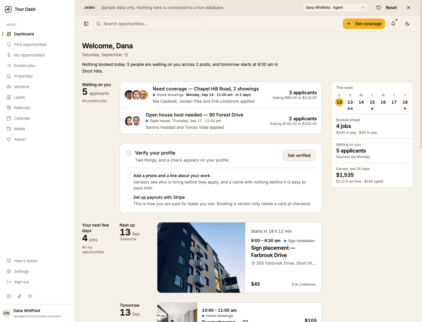 The dashboard. Among the day's cards is one headed Verify your profile, saying two things and a check appears on your profile, with a Get verified button and the two items listed underneath with empty circles: add a photo and a line about your work, and set up payouts with Stripe.