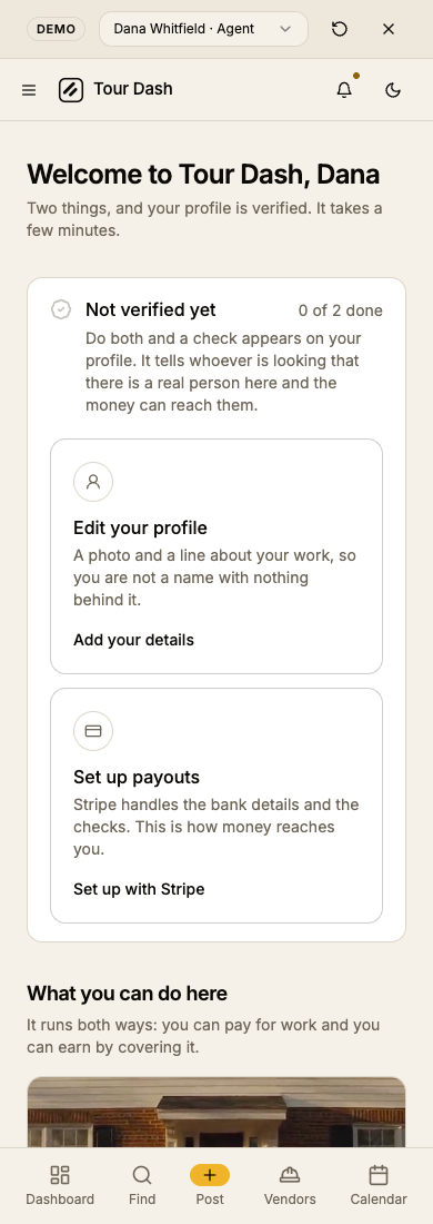 The welcome at phone width: heading, the verification panel with its two cards stacked, then the clips one per row.