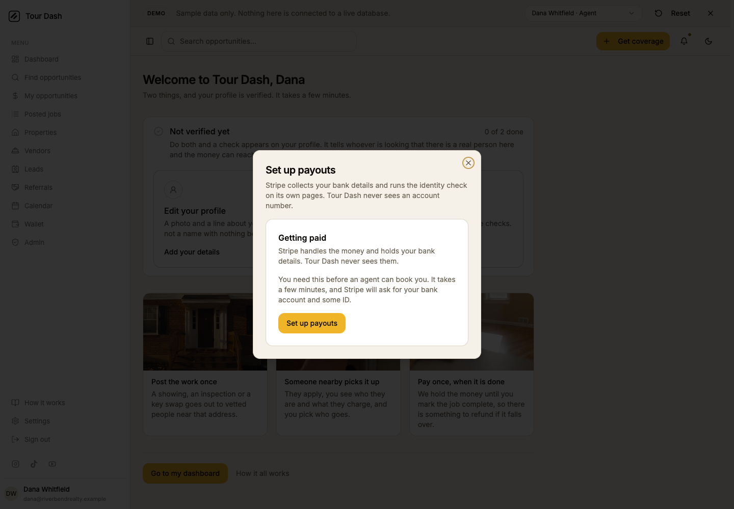 The Set up payouts dialog open over the welcome page. It explains that Stripe collects the bank details and runs the identity check on its own pages and that Tour Dash never sees an account number, then shows the payout panel with an amber Set up payouts button.