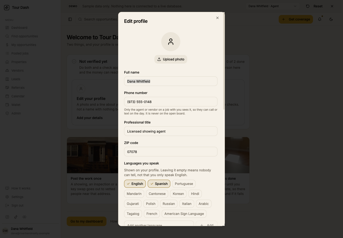 The Edit profile dialog open over the welcome page, showing Upload photo, Full name, Phone number, Professional title, ZIP code and a Languages you speak chip picker.