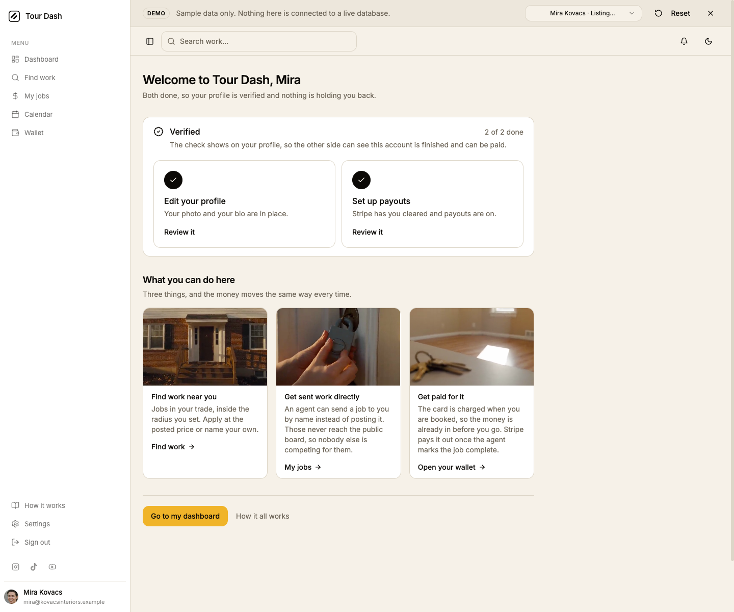 The welcome as a vendor, Mira. The panel reads Verified, 2 of 2 done, with both cards check-marked and offering Review it. Below, three cards headed Find work near you, Get sent work directly, and Get paid for it, each with a link reading Find work, My jobs and Open your wallet.