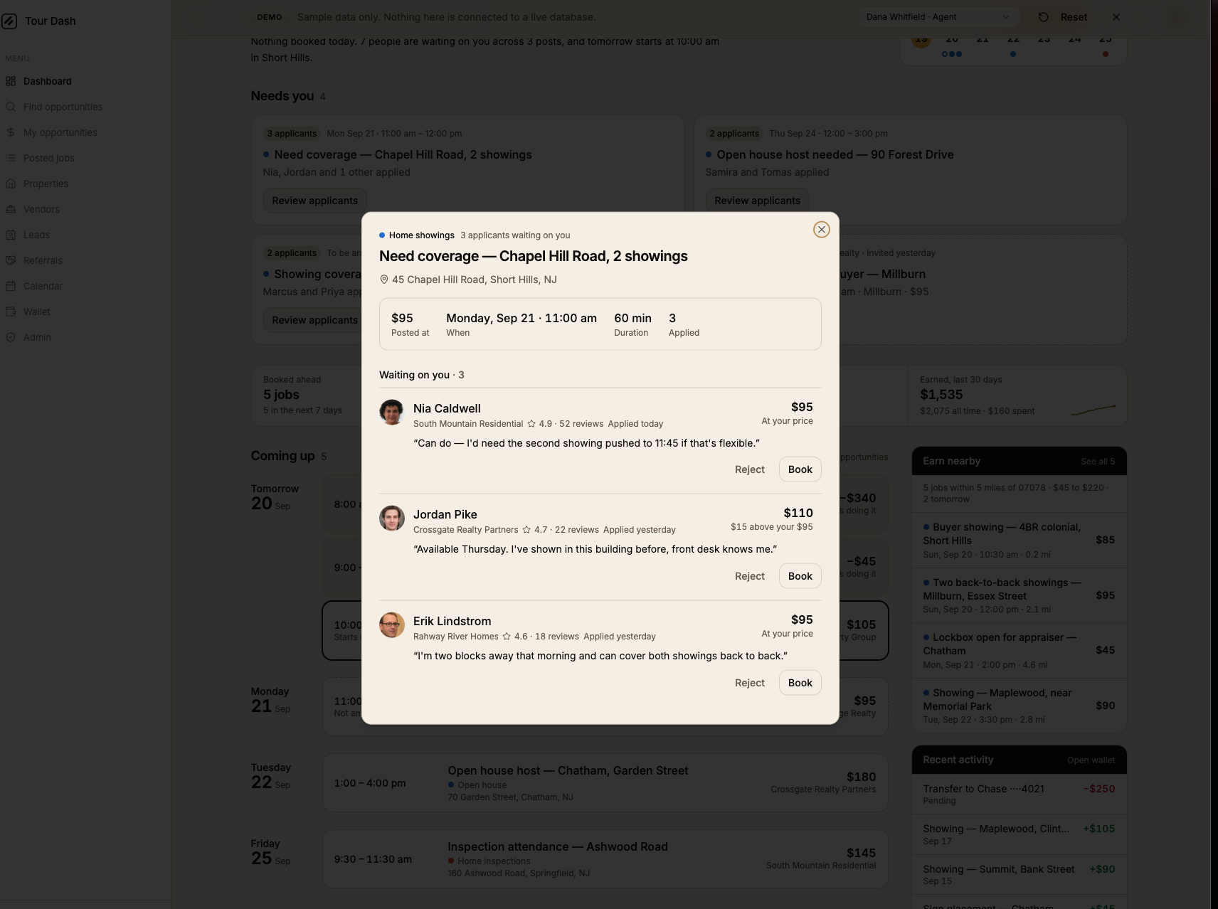 The current review applicants pop-up: the same paper panel with a facts strip and three applicant rows, each ending in Reject and Book buttons.