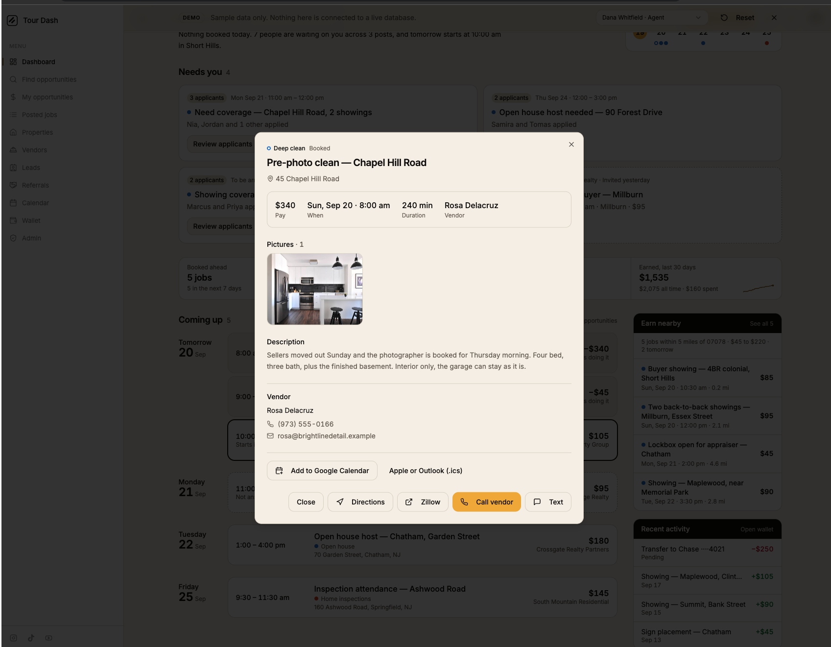 The current job details pop-up: a paper panel over a greyed dashboard with a facts strip, one picture, a description, the vendor's contact lines, and seven buttons across two rows.