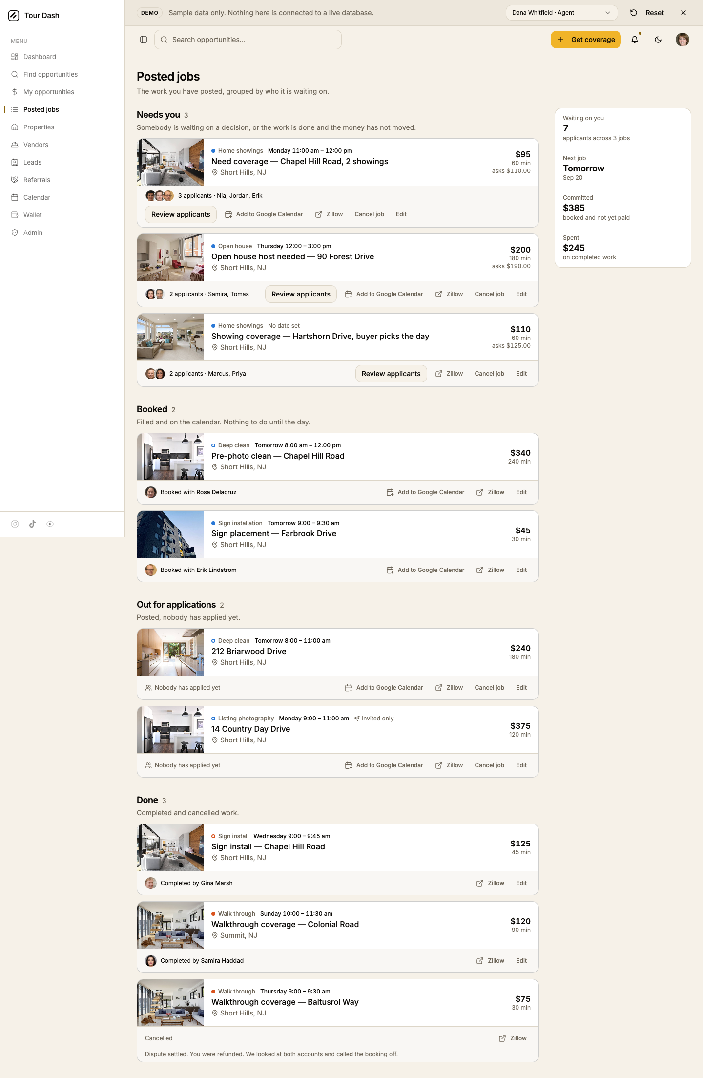The current Posted jobs page: four sections of photo cards, each with a row of five links, and a rail of four figures.