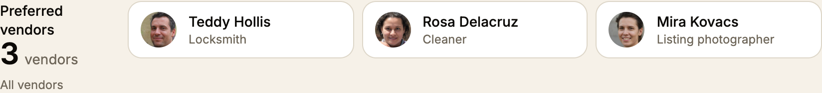 A dashboard section headed Preferred vendors with a count of 3 vendors and an All vendors link, beside three cards showing Teddy Hollis, Locksmith; Rosa Delacruz, Cleaner; and Mira Kovacs, Listing photographer, each with an avatar.