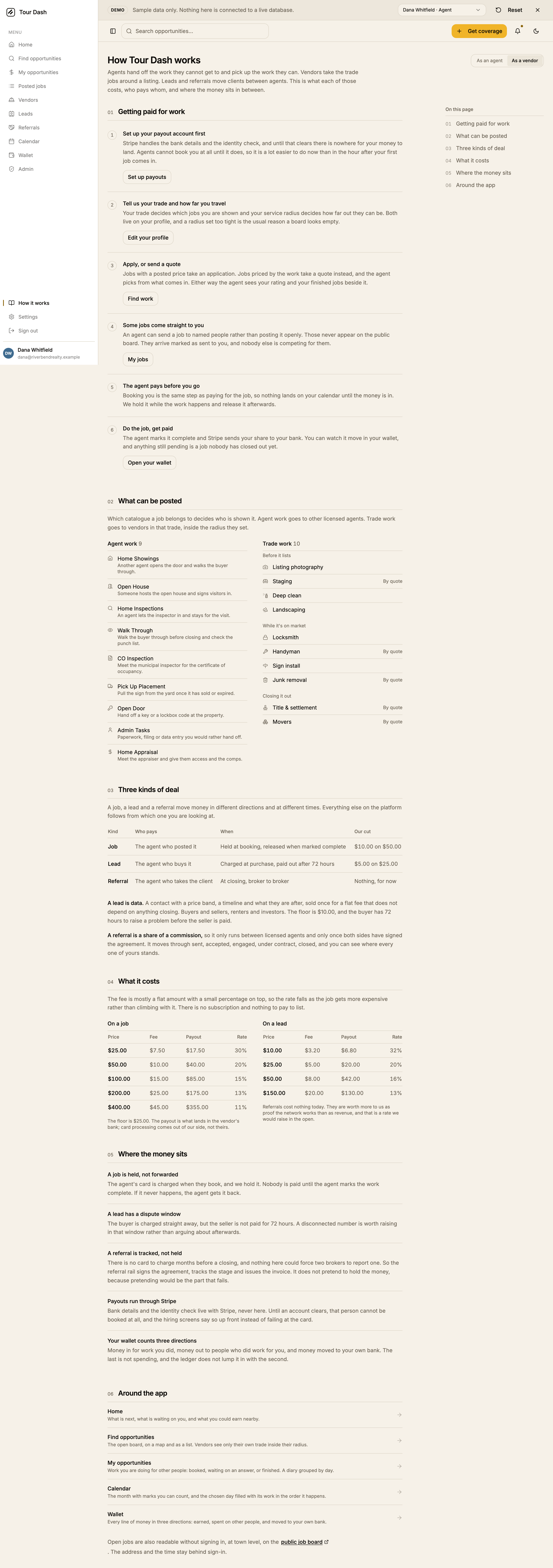 The whole rebuilt page read as a vendor: six numbered sections, a six-step flow starting with setting up payouts, then the catalogues, the three kinds of deal, the fee tables, where the money sits, and a shorter Around the app list without Posted jobs, Vendors, Leads or Referrals.