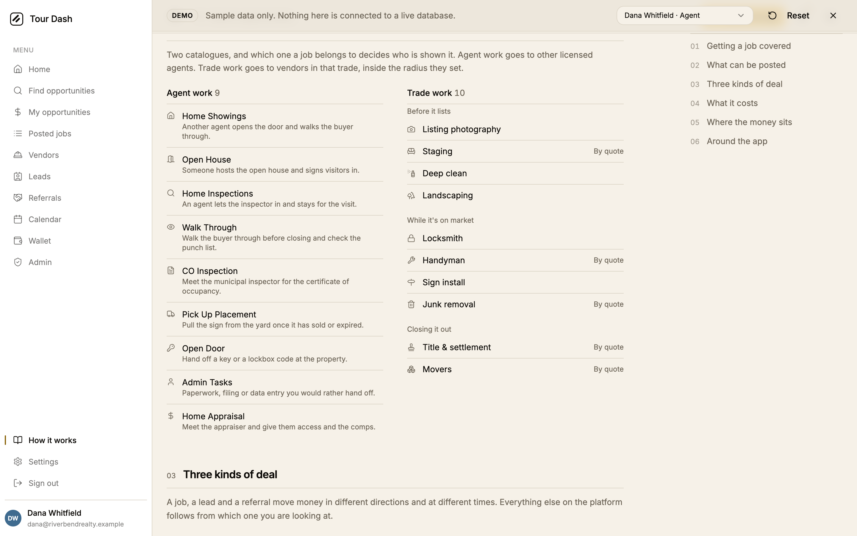 The What can be posted section: two columns, Agent work with nine entries each carrying an icon, name and one line, and Trade work with ten entries grouped under Before it lists, While it's on market and Closing it out, with By quote marked on the quote-first rows only.