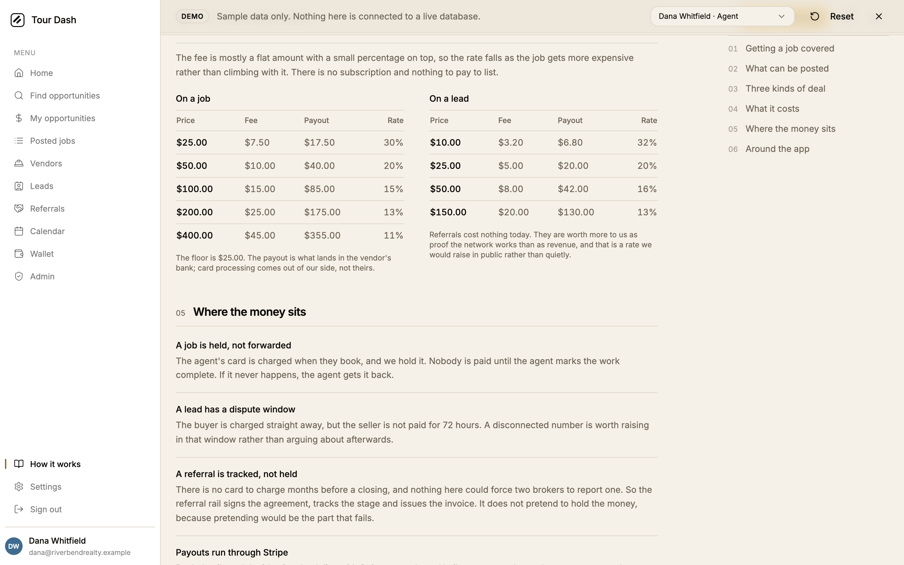The What it costs section: two tables side by side, On a job reading twenty-five dollars at thirty per cent down to four hundred dollars at eleven per cent, and On a lead reading ten dollars at thirty-two per cent down to one hundred and fifty dollars at thirteen per cent.