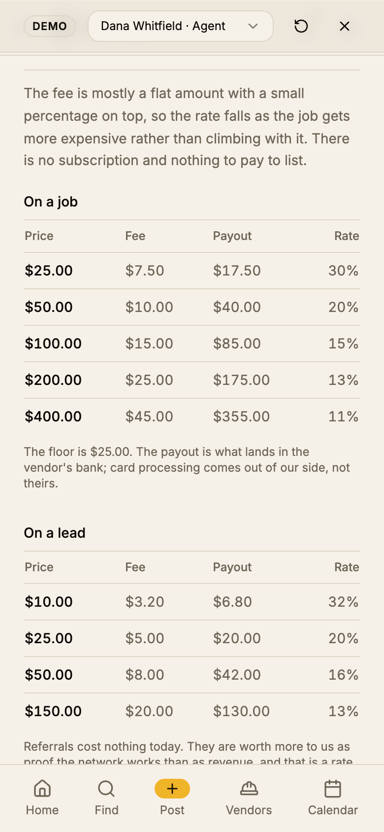 The fee tables at 390 pixels, both fitting the column exactly with price, fee, payout and rate columns intact.