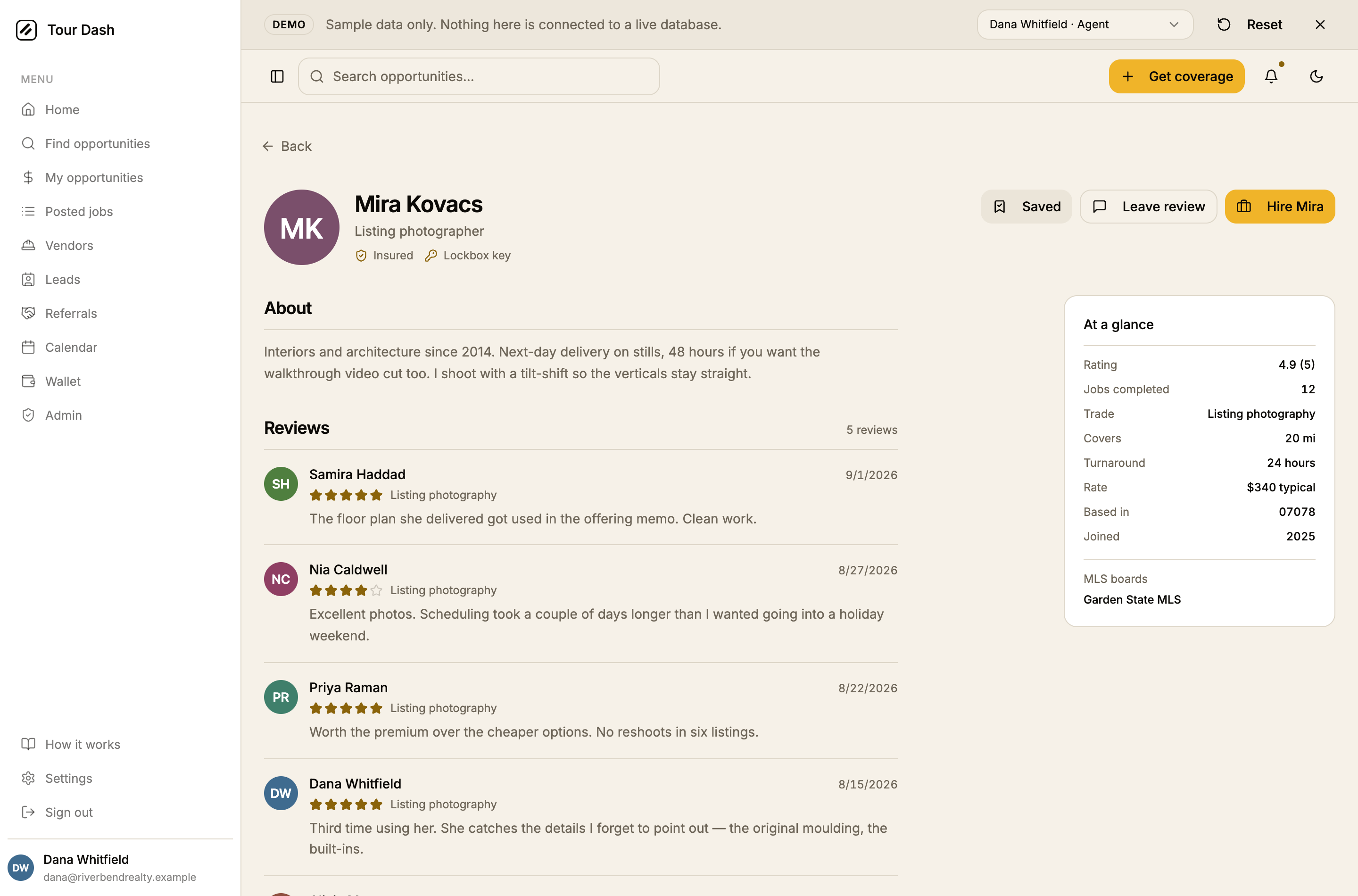 The rebuilt vendor profile: Mira Kovacs as the heading with Listing photographer under it, Insured and Lockbox key as small marks, then Saved, Leave review and an amber Hire Mira across the top right. About and Reviews run down the left, and an At a glance card on the right lists rating, jobs completed, trade, coverage, turnaround, rate, location, year joined and MLS boards.