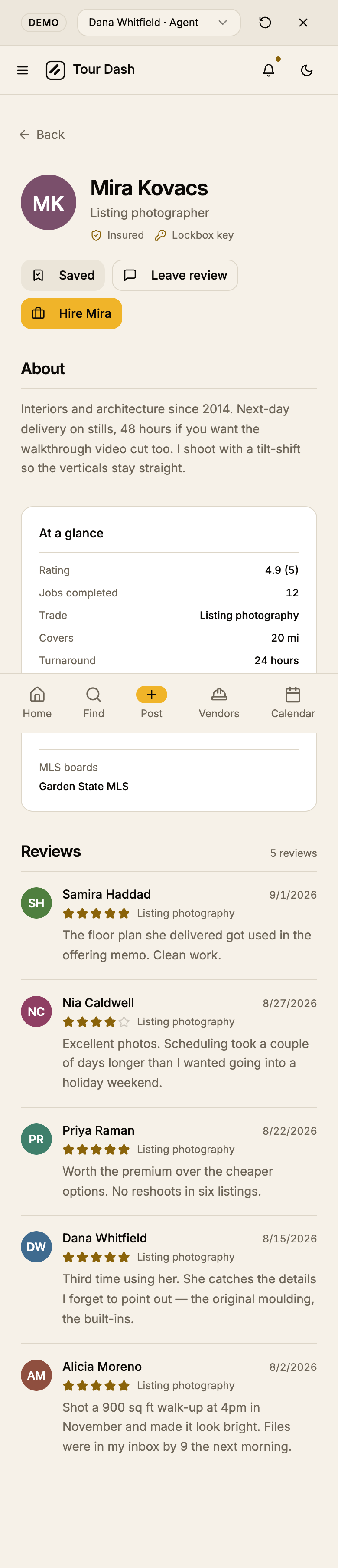 The same profile at 390 pixels: name and marks, the three buttons wrapping to two rows, About, then the At a glance card, then the reviews.