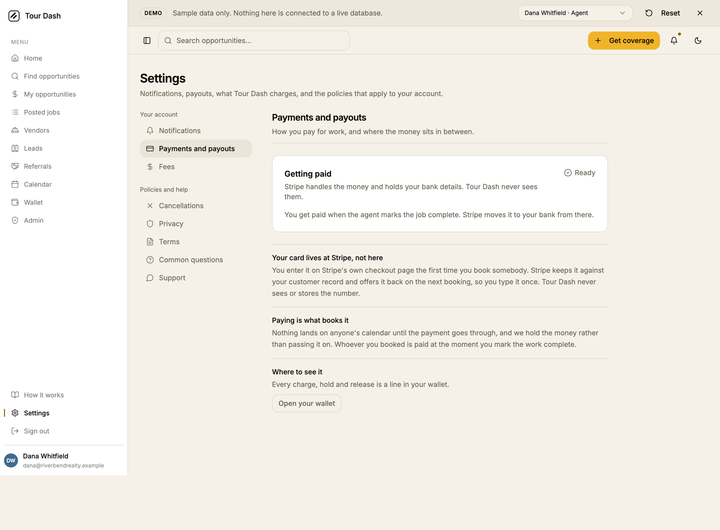 The rebuilt Payments and payouts section: a grouped nav reading Your account with Notifications, Payments and payouts and Fees, then Policies and help with Cancellations, Privacy, Terms, Common questions and Support. The panel shows the payout card marked Ready, then three hairline-divided blocks headed Your card lives at Stripe not here, Paying is what books it, and Where to see it.