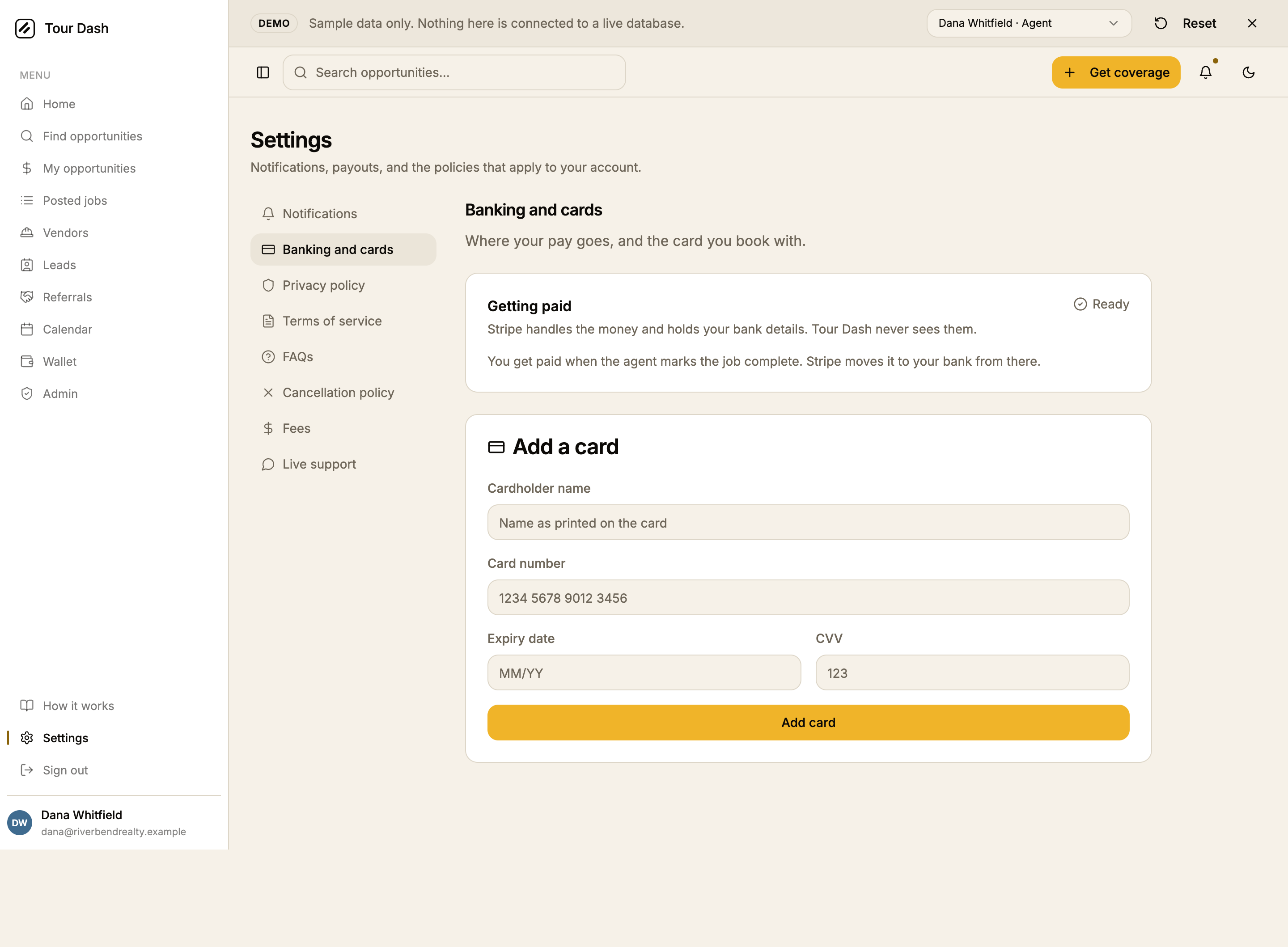 The previous Banking and cards section: the real payout card, and beneath it an Add a card panel with fields for cardholder name, card number, expiry date and CVV, and a full-width amber Add card button.