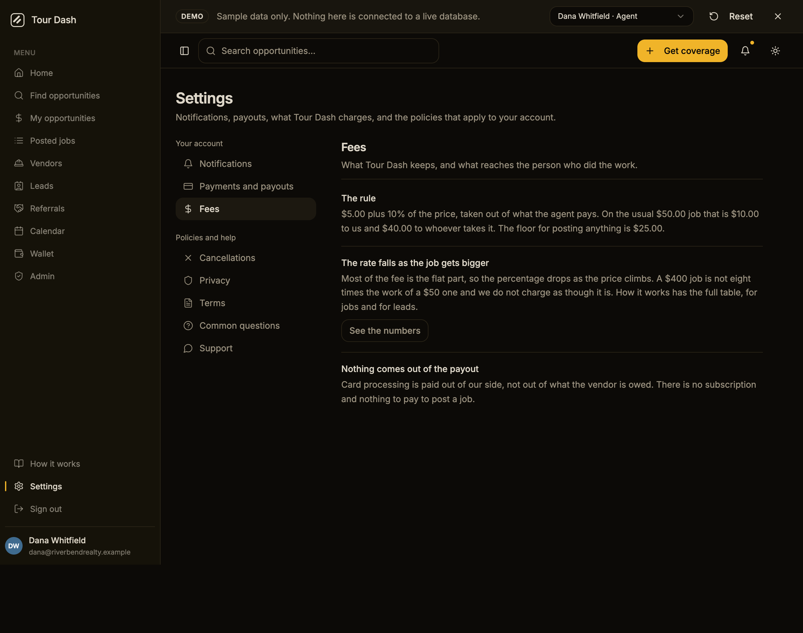 The Fees section in dark mode: three blocks headed The rule, The rate falls as the job gets bigger with a See the numbers button, and Nothing comes out of the payout.
