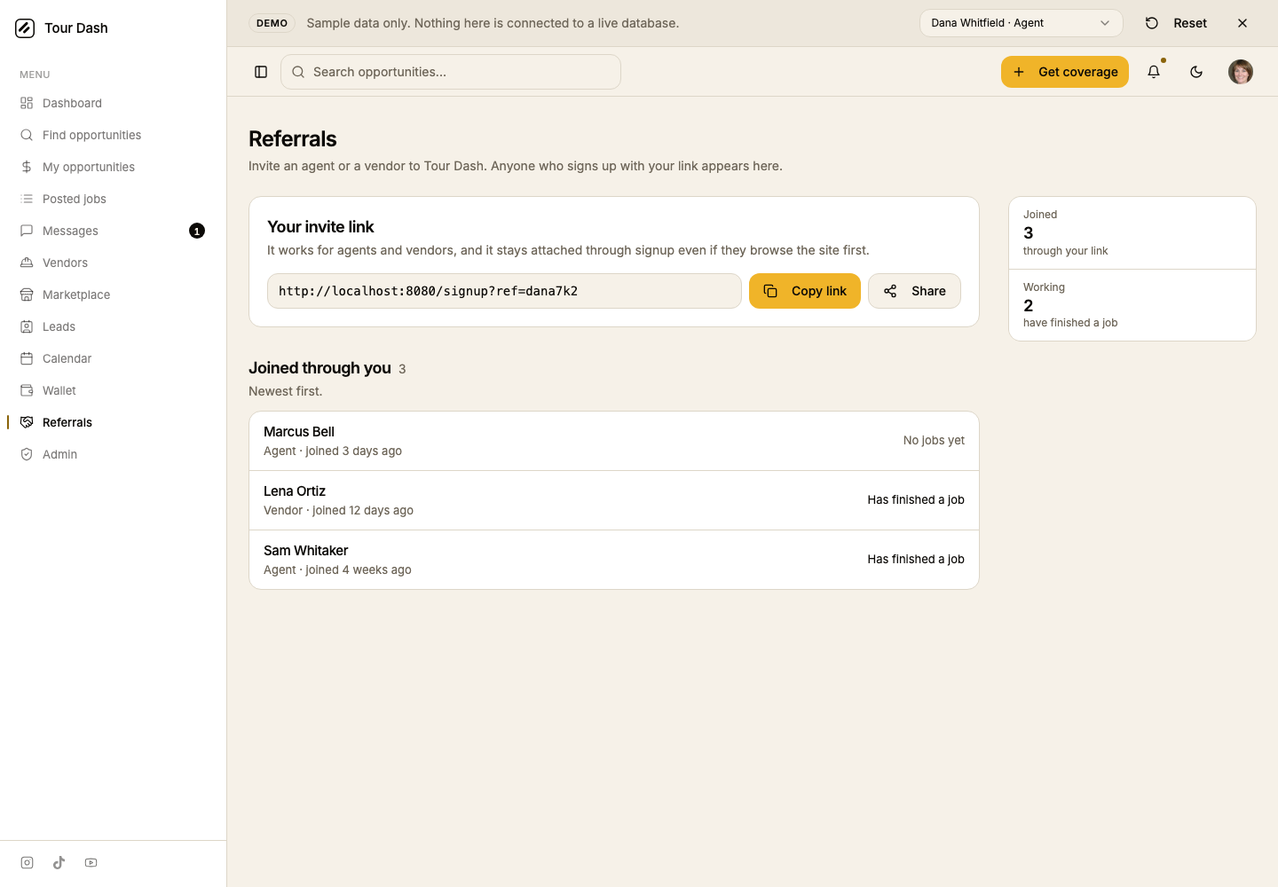 The Referrals page in the demo: an invite link with Copy link and Share buttons, a summary of 3 joined and 2 working, and a list of three people who joined.