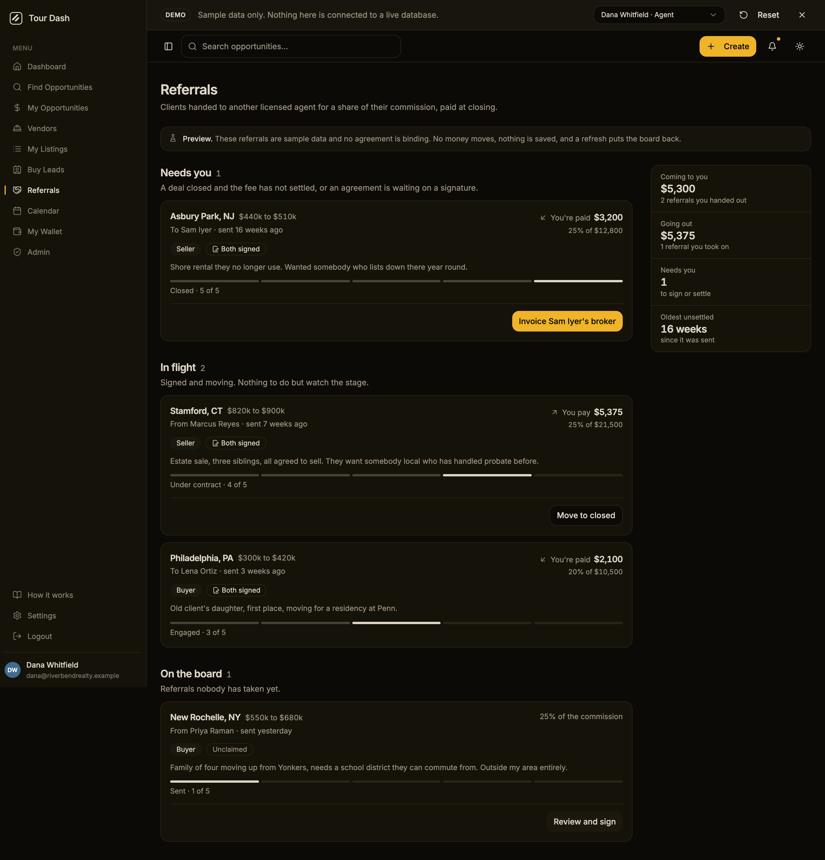 The redesigned page: sections headed Needs you, In flight and On the board. Each referral is a full-width row showing the city and price band, who it is with and how long ago it was sent, the money direction and amount, badges, the motivation, and a five-segment stage track. A rail on the right reads Coming to you $5,300, Going out $5,375, Needs you 1, Oldest unsettled 16 weeks.