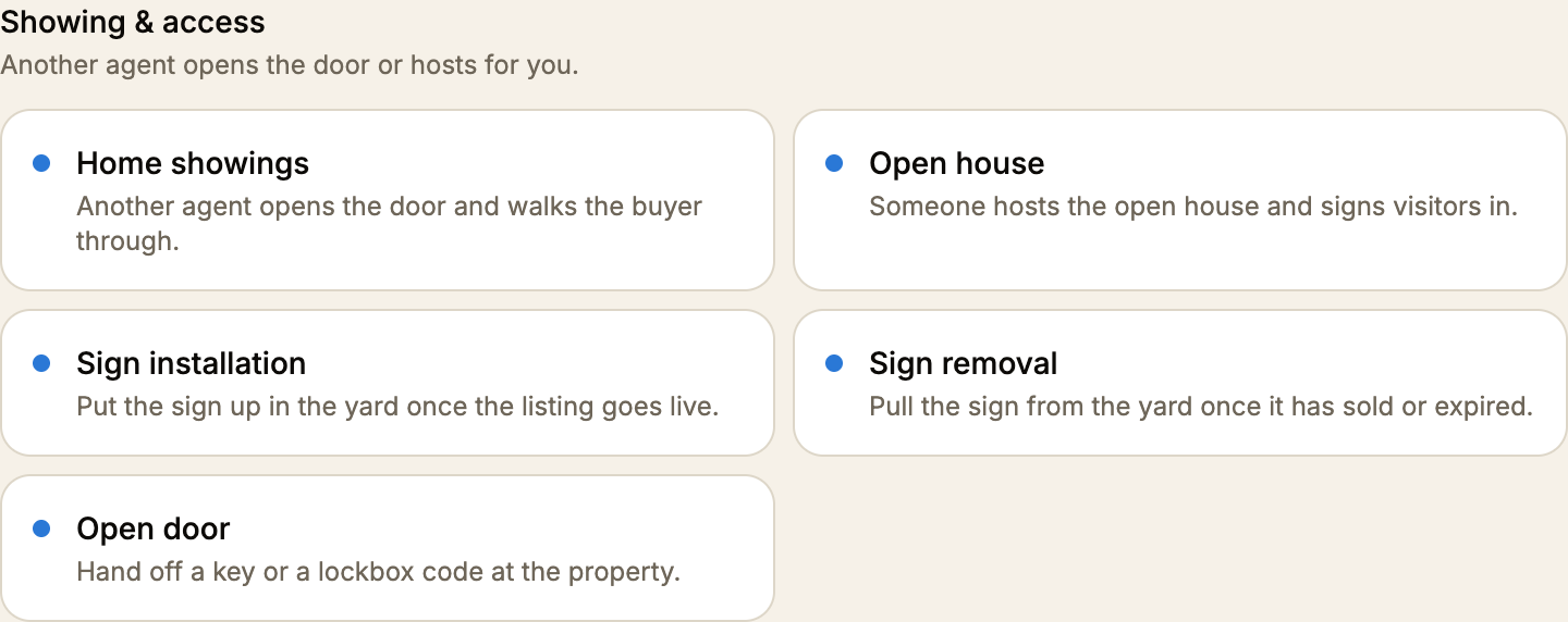 The Showing and access group on the post an opportunity picker: Home showings, Open house, Sign installation with the description Put the sign up in the yard once the listing goes live, Sign removal with the description Pull the sign from the yard once it has sold or expired, and Open door.