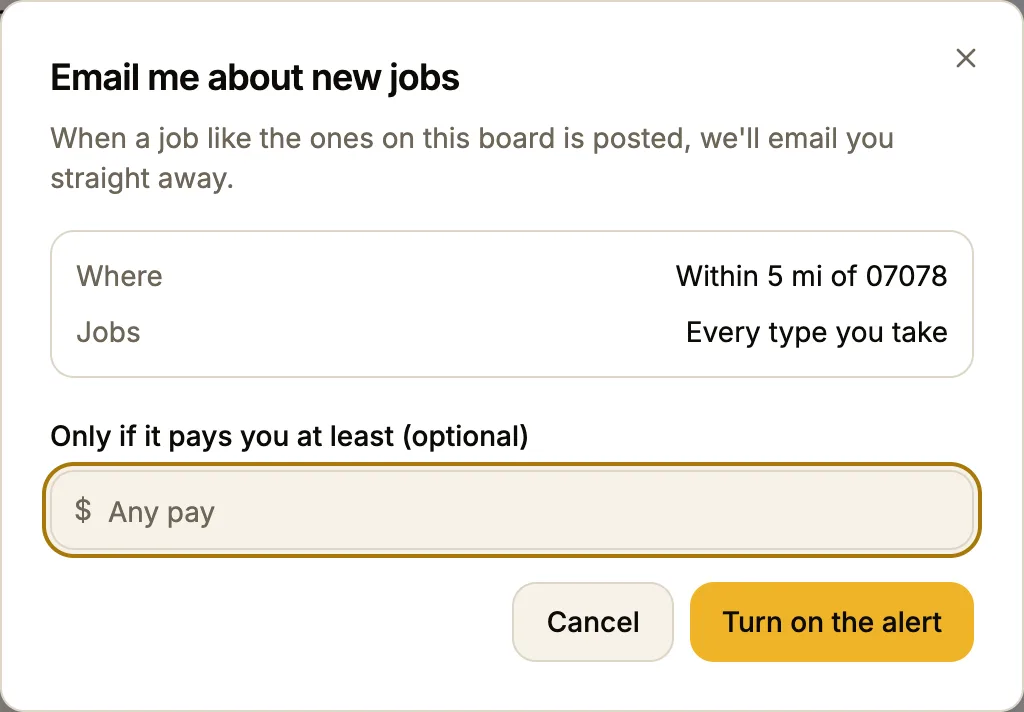 Email me about new jobs dialog: within 5 mi of 07078, every type you take, optional minimum pay