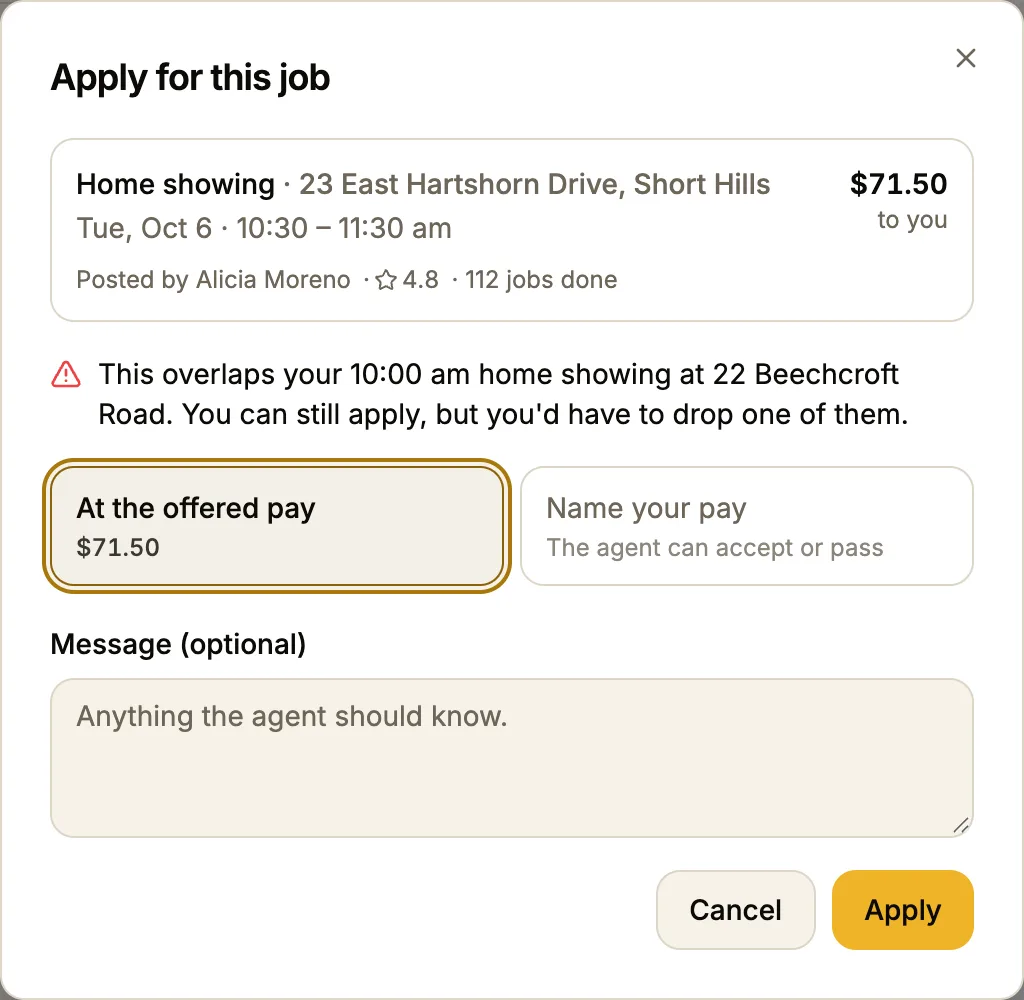 Apply dialog with a job summary and a warning that it overlaps a 10:00 am showing