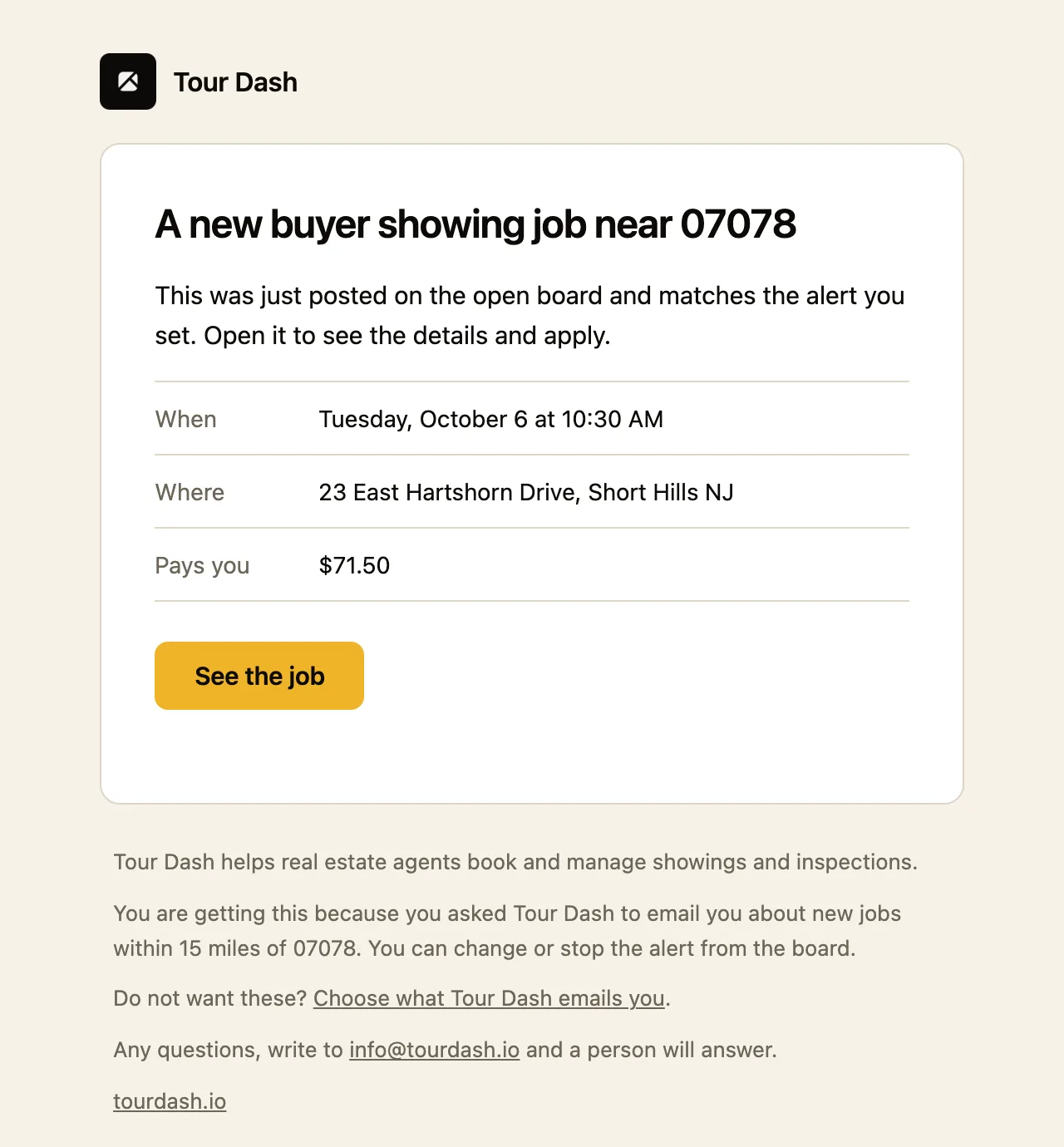 New job email with When, Where, Pays you and a See the job button